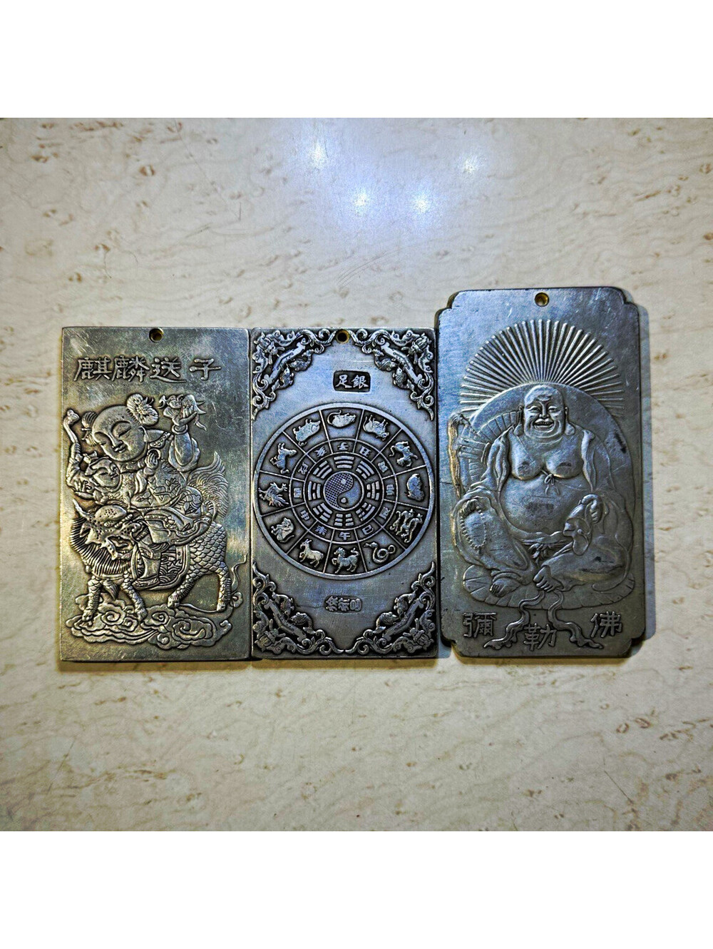 3 Old Chinese Tibetan Silver Bullion Amulet Bars Buddha Zodiac Dragon 406g